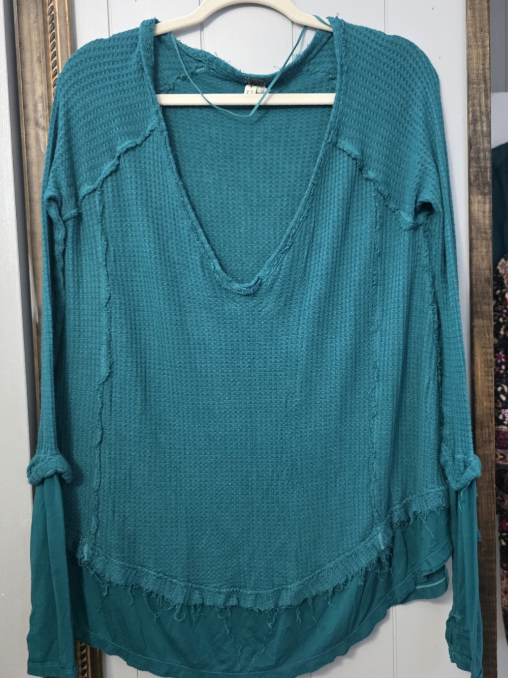We The Free Teal Layered V-Neck Waffle Knit Hoodie